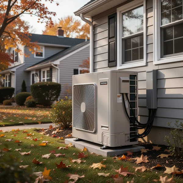 An outdoor cold-climate heat pump unit mounted on brackets beside an upstate New York house in winter