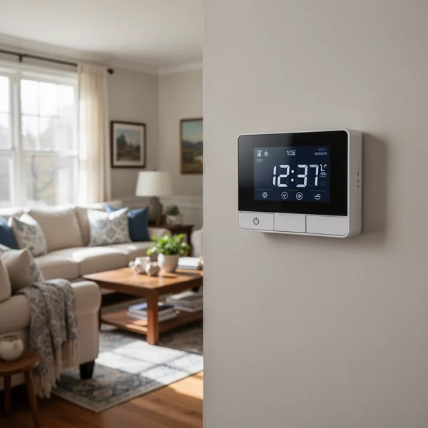 An outdoor air source heat pump unit mounted on a bracket beside the clapboard wall of a New York home in winter