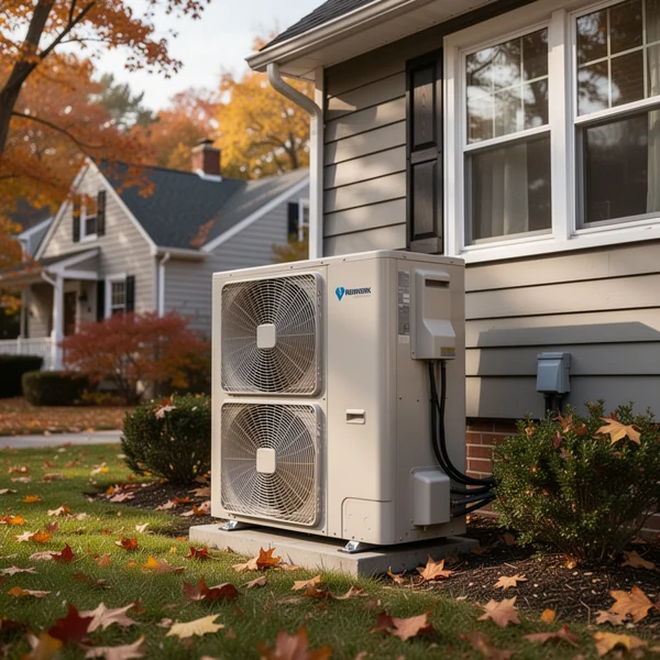 A ductless mini split outdoor unit mounted on a raised stand beside a postwar ranch house on Long Island