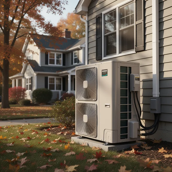 A ductless heat pump condenser mounted on the rear wall of a Brooklyn rowhouse with refrigerant line-hide running up the brick
