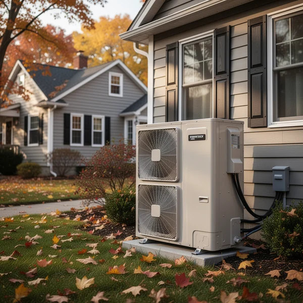 Cold-climate heat pump outdoor unit on a raised stand beside a brick house in upstate New York