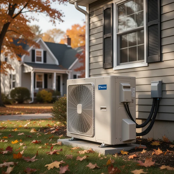 Outdoor heat pump condenser unit installed on a pad beside a 19th-century clapboard farmhouse in the Hudson Valley