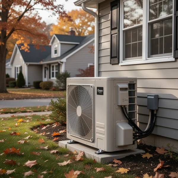 A heat pump outdoor unit raised on a tall snow stand beside a rural North Country house surrounded by deep snow