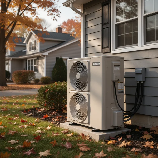A heat pump condenser unit installed at the side of an older Westchester County colonial house