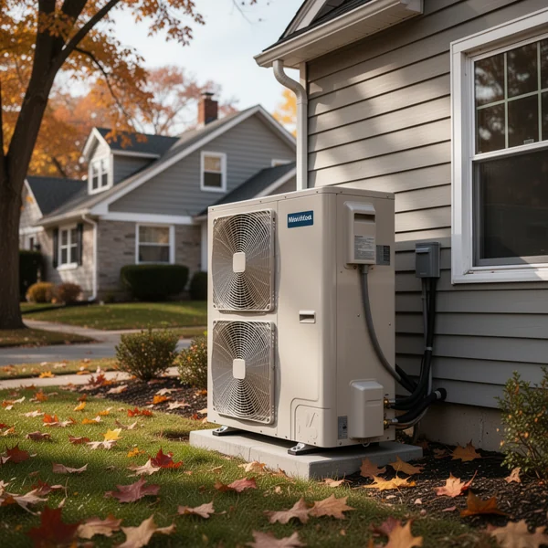 A service technician connecting gauges to the refrigerant lines of an outdoor heat pump unit