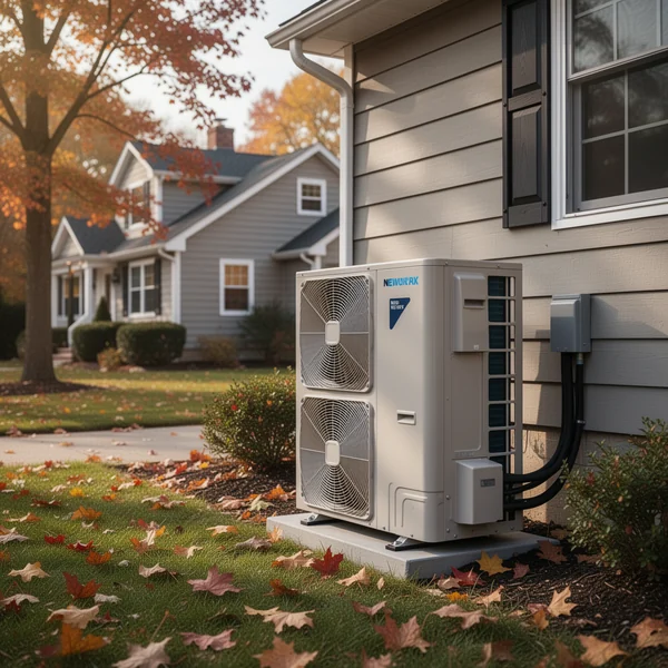 An outdoor heat pump unit mounted on a raised stand beside a house, steam rising from the coil during a defrost cycle on a grey winter day