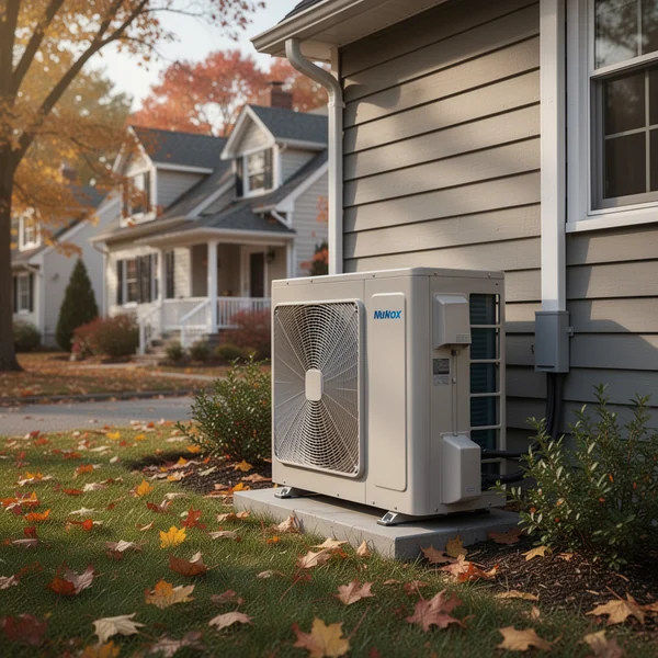 A tall heat pump water heater standing beside a boiler in an unfinished stone-walled basement, with a condensate line running to a floor drain
