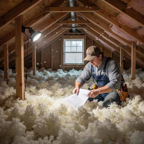 An attic floor mid-retrofit with blown insulation on one side, sealed penetrations visible, and an old double-hung window in the gable end