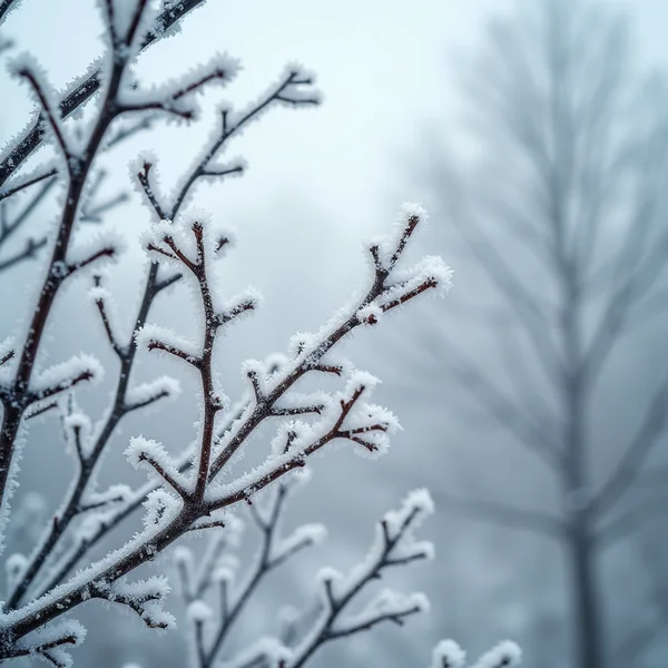 Bare winter twigs furred with white hoar frost crystals in the left of the frame, a soft bare tree in pale mist behind them