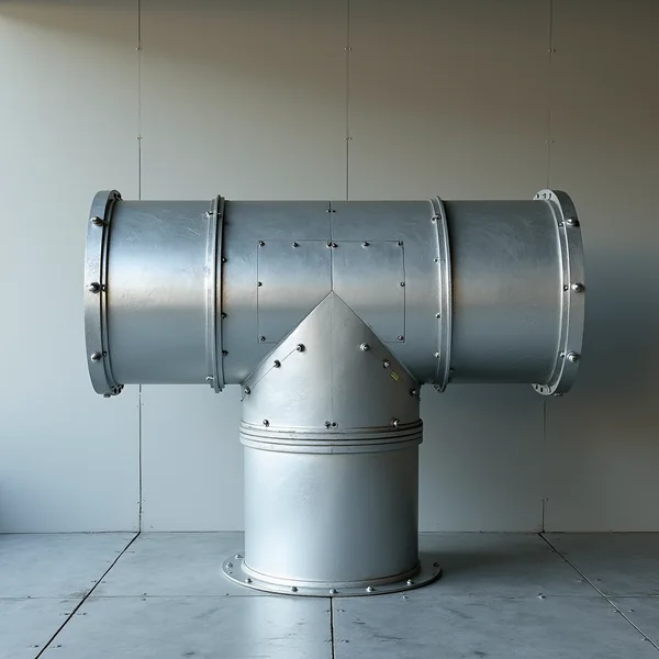 A large galvanised sheet metal duct tee standing on a concrete floor, a horizontal trunk with flanged open ends meeting a wider vertical branch beneath it, against a plain pale wall