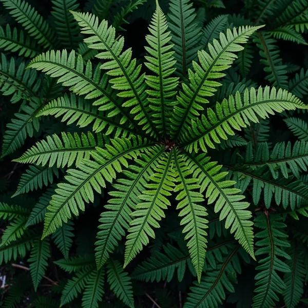 Green fern fronds radiating from a central crown over darker overlapping foliage, pinnate leaflets in detail