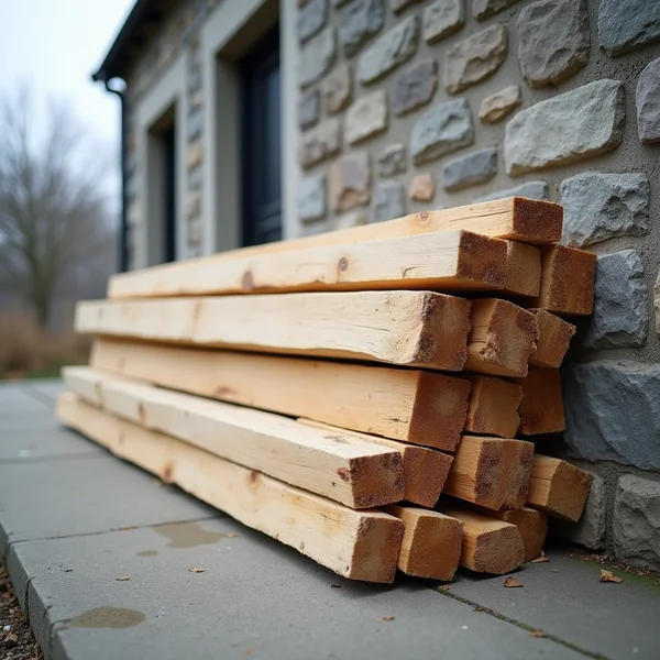 A stack of freshly sawn timber lengths lying on a concrete path against a stone-faced wall, their pale cut ends toward the camera in flat overcast daylight