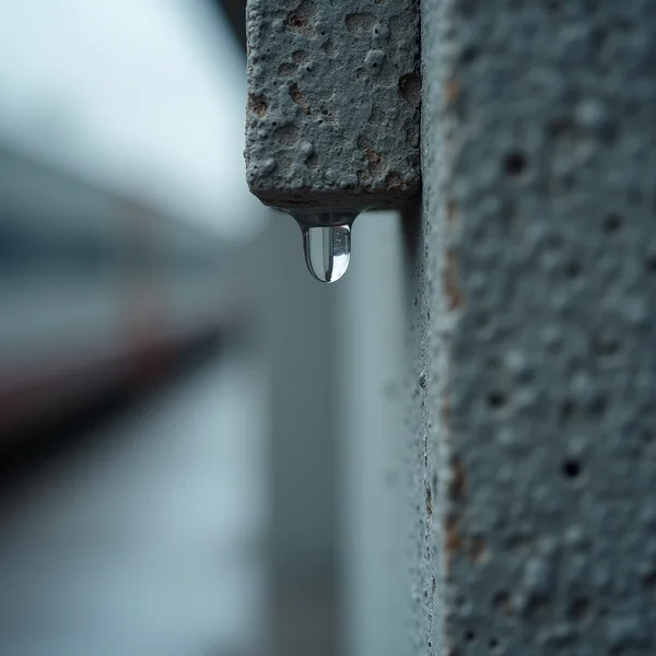 A single water droplet hanging from the edge of a weathered grey concrete ledge