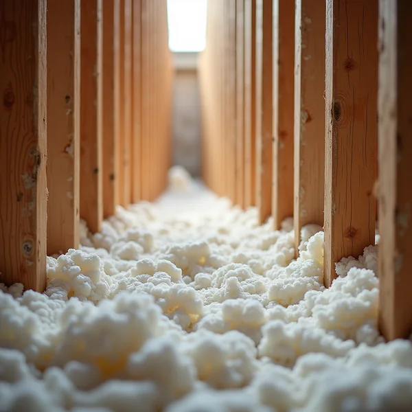 White loose-fill insulation lying between wooden framing members, with daylight from an opening beyond