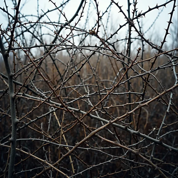 A dense tangle of thorny bramble canes, interlacing arching stems crossing at every angle