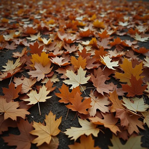 Fallen maple leaves in rust, amber and pale gold scattered across dark wet ground, receding into soft focus