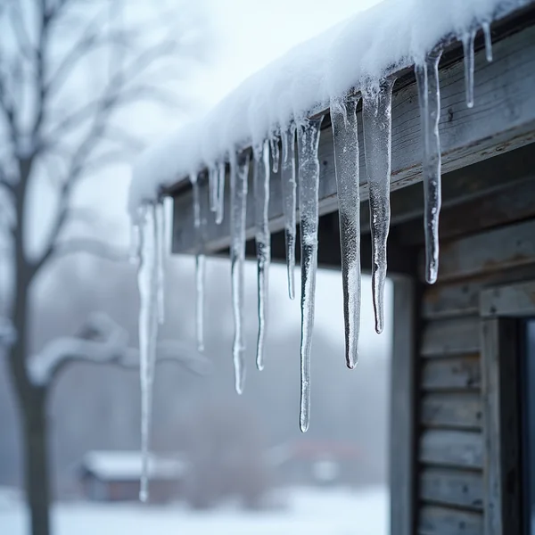 A row of clear icicles hanging from the snow-capped eave of a weathered grey timber outbuilding, a bare tree and a small distant barn soft in the snowy field behind