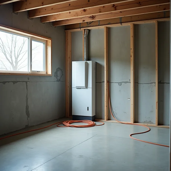 Unfinished basement with bare wood stud framing against a grey concrete wall, a tall white appliance cabinet and a coiled orange cord