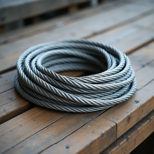 A tight coil of galvanised steel wire rope on weathered oak planks