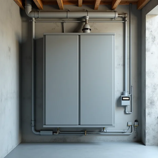 A wall-mounted home battery enclosure in a residential basement utility room