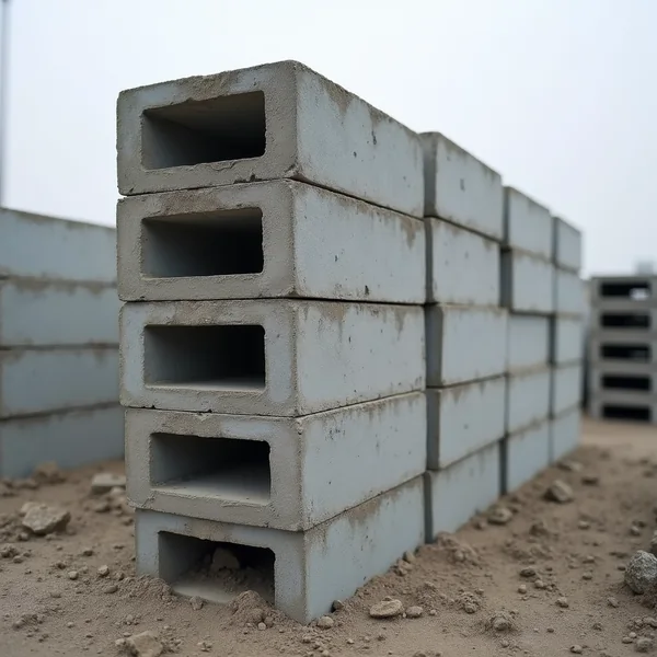 A long stack of grey cinder blocks several courses high on bare dusty ground, their open cores facing the camera under a pale overcast sky