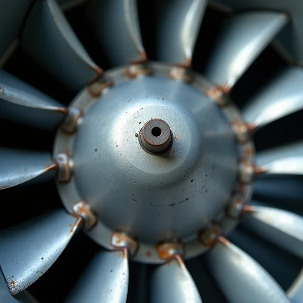 Close-up of a steel fan wheel, its curved blades radiating from a domed central hub with rust spots around the rivets