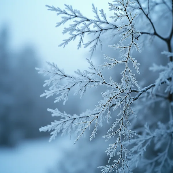 Fine tree branches thick with white frost crystals against a pale blurred winter woodland