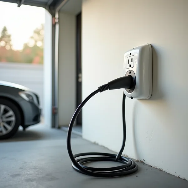 A charging cable plugged into an ordinary household wall socket in a garage