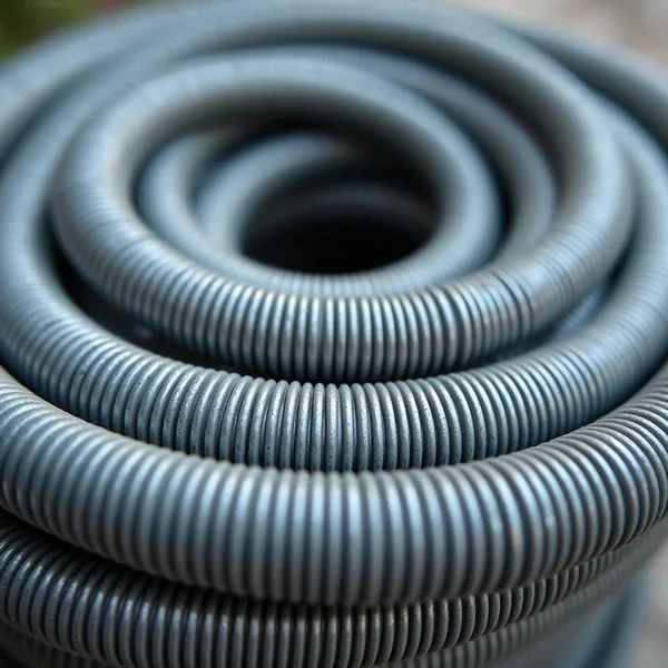 A tightly wound coil of ribbed grey flexible conduit photographed in close macro, the concentric loops filling the frame against a blurred background.