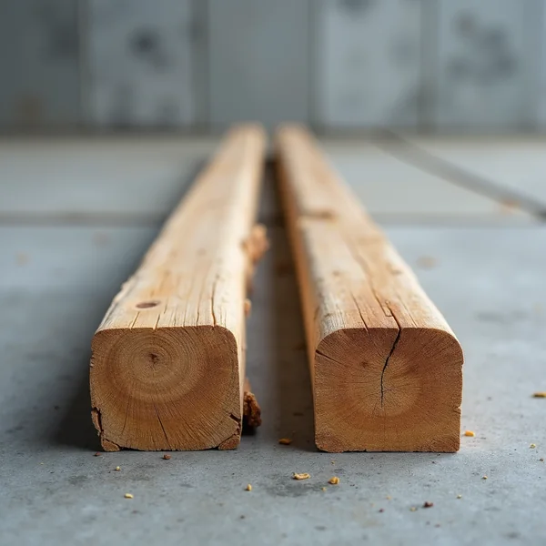 Two lengths of timber lying side by side on grey concrete with their sawn ends toward the camera