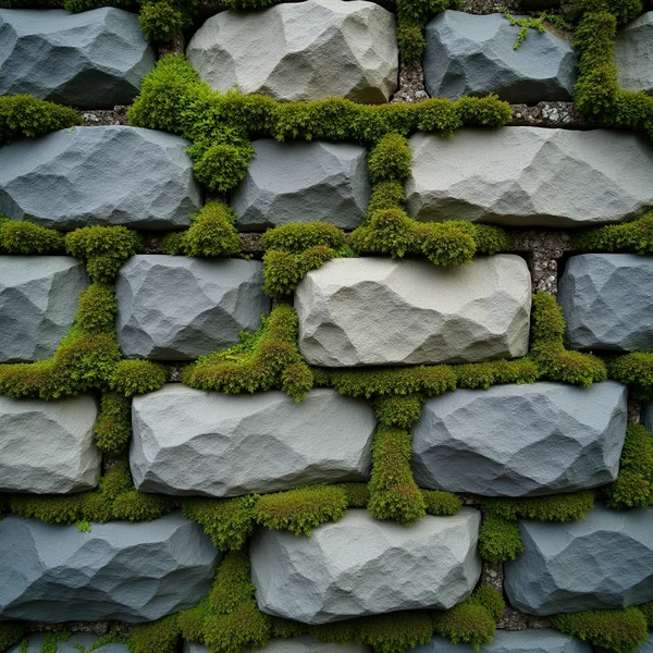 Green moss growing in the joints of old grey fieldstone, filling the frame