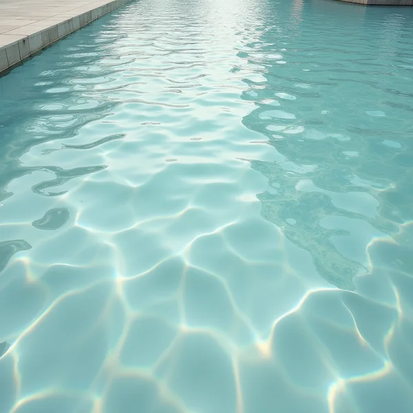Rippling nets of sunlight caustics across the pale floor of a shallow swimming pool beside stone coping
