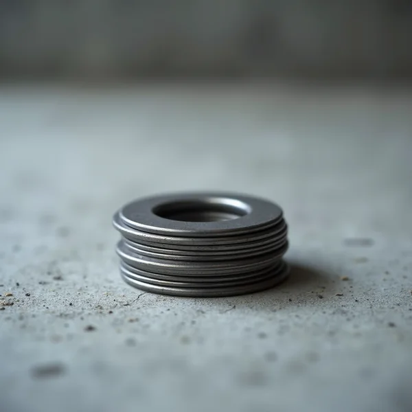 A small stack of plain steel washers resting on a concrete surface