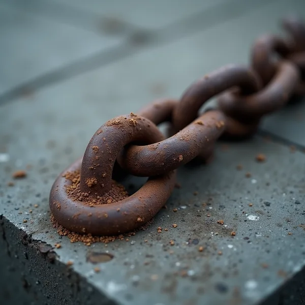 A length of heavy rusted iron chain resting on a grey concrete slab