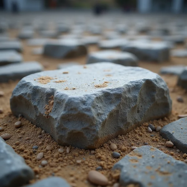 A pale weathered stone block resting on coarse sand in the foreground, with more scattered stones blurred behind it