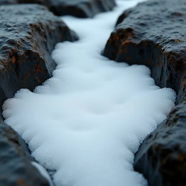 A channel of thick white sea foam running away between two dark rust-streaked rock ledges, filling the centre of the frame