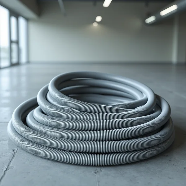 A loose coil of grey corrugated flexible conduit lying on a concrete floor in the foreground, with a wide empty interior of plain walls, glazing and strip ceiling lights far out of focus behind it