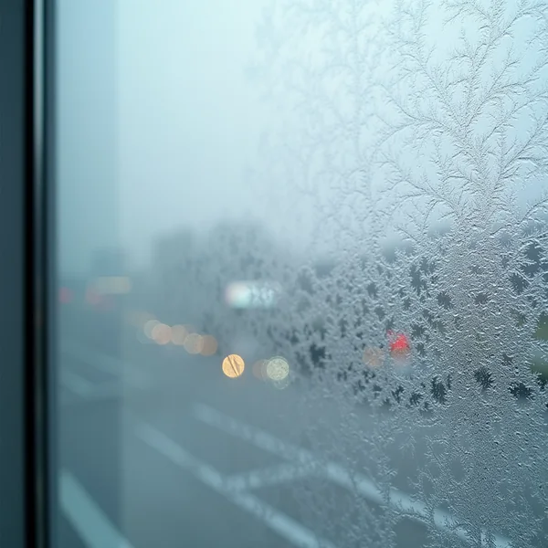 Feathery frost crystals spreading across a pane of glass, filling the frame