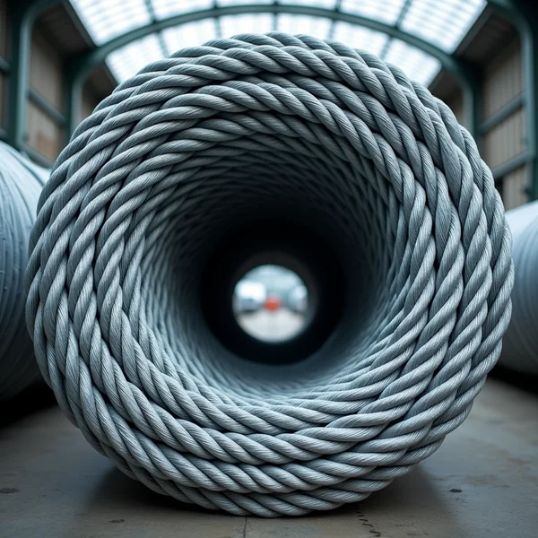 A large coil of galvanised steel wire rope seen end-on, its layered loops filling the frame