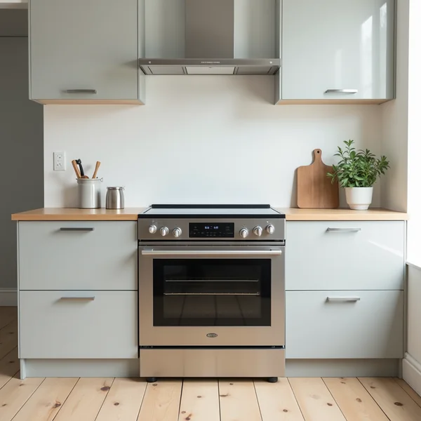 A freestanding kitchen range with a smooth glass cooking surface on top and a closed oven below