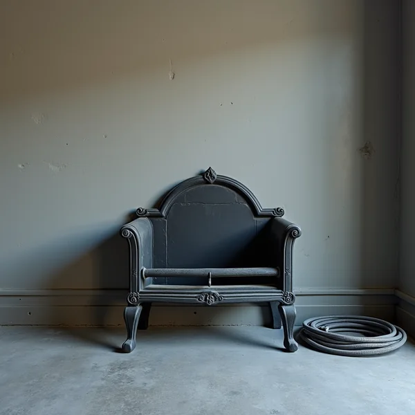 A cast iron fireplace grate on a bare concrete floor by a plain wall, a coiled grey cable beside it