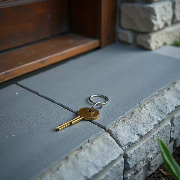 A brass key on a split ring lying on a grey stone doorstep, beside a wooden door threshold and a pale stone block wall