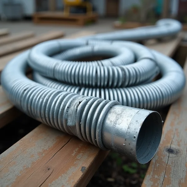 A coiled length of grey corrugated flexible ducting with a plain metal end cuff, resting on weathered timber boards in flat overcast daylight