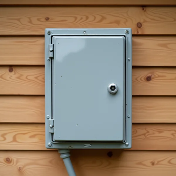 A closed grey electrical enclosure mounted on pale horizontal wood siding, with a conduit running down from its base
