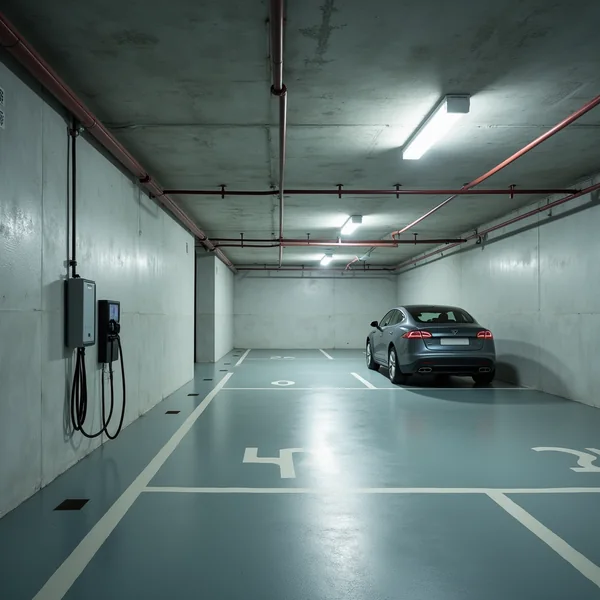 A wall-mounted electric vehicle charging unit beside a parking bay in a shared residential garage
