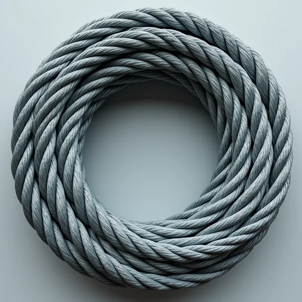 A tightly wound coil of galvanised steel wire rope resting on a plain pale grey surface, twisted strands overlapping in concentric loops around an open centre