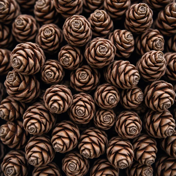 A dense mass of small brown pine cones seen end-on, their tight rosettes of woody scales filling the frame