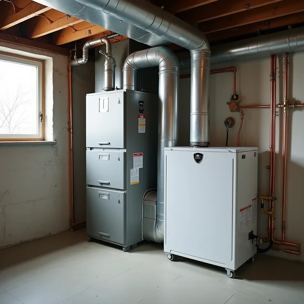 A basement utility room where a heat pump air handler stands beside an existing gas furnace sharing the same ductwork