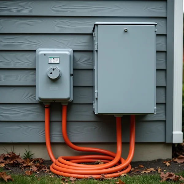 Two grey weatherproof boxes mounted on grey clapboard siding, with a thick orange cable coiled on the ground below