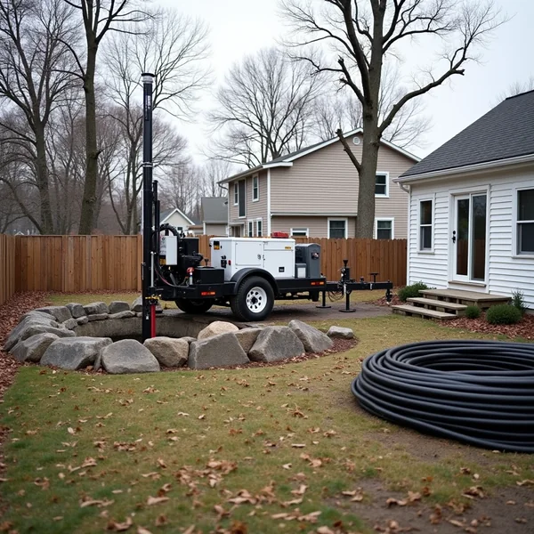 A small drilling rig beside exposed bedrock in a New York back yard, with coils of ground loop pipe